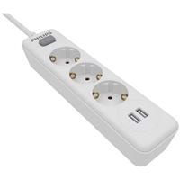 Extension lead, 3 sockets, 2xUSB-A, 2 m cable, PHILIPS, white