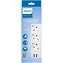 Extension lead, 3 sockets, 2xUSB-A, 2 m cable, PHILIPS, white