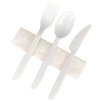Cutlery set, plastic, disposable, spoon, knife, fork, napkin, white