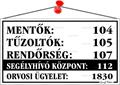 Information board, 22,5x12,5 cm, "Mentők tűzoltók, rendőrség telefonszámok", white
