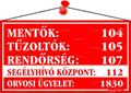 Information board, 22,5x12,5 cm, "Mentők tűzoltók, rendőrség telefonszámok", red